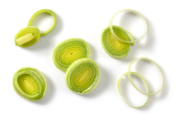 sliced leek on white background