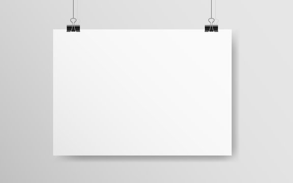 White horizontal poster mockup. Empty A4 paper hanging on a wall. Light blank on a rope. Realistic template with soft shadow. White banner with clips. Vector illustration