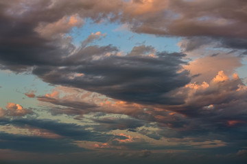 Colorful sky at sunset. Beautiful clouds in the sky.