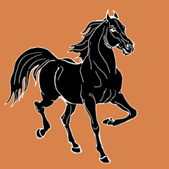 horse, drawing in the style of an ancient Greek black statuette on ceramics,  isolated image on an orange background. Classical ancient Greek style 