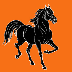 horse, drawing in the style of an ancient Greek black statuette on ceramics, vector isolated image on an orange background. Classical ancient Greek style 