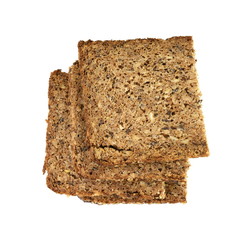 Slices of wholemeal dark bread isolated on a white background in close-up (high details)