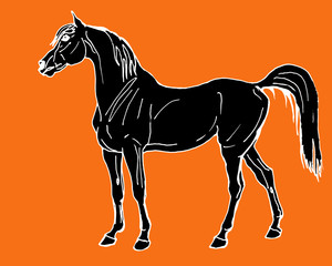 horse, drawing in the style of an ancient Greek black statuette on ceramics, vector isolated image on an orange background. Classical ancient Greek style 