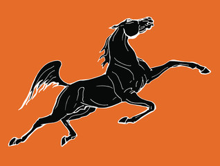 Obraz na płótnie Canvas Galloping horse, drawing in the style of an ancient Greek black statuette on ceramics, vector isolated image on an orange background. Classical ancient Greek style 