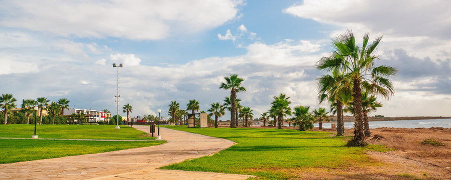 Panorama of Paphos city promenade with green grass, pathway, buildings and palm trees on coastline. Cyprus travel concept with copy space. © DedMityay