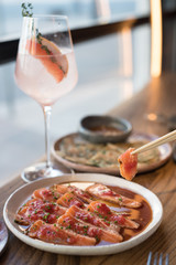 Japanese Salmon Tataki, Quickly Seared Salmon with Soy Sauce and Tomato Dressing