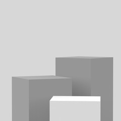 3d gray white cubes square podium minimal studio background. Abstract 3d geometric shape object illustration render. Display for cosmetic perfume fashion product.