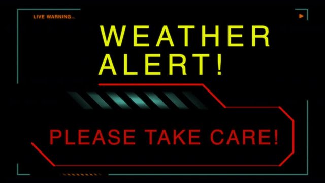 Live digital signage with the warning message &ldquo;Weather Alert! Please Take Care!&rdquo; for news rooms, weather rooms or outdoor signage.