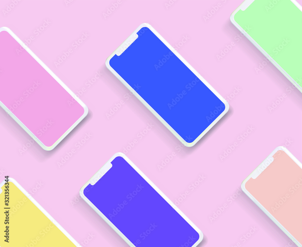 Poster Minimalist flat lay scene with mobile phone in pastel color tones. Realistic 3D vector illustration, mockup template for web app presentation. 
