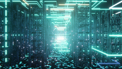 Save data and transfer wireframe light code modern building at night with light trails in shanghai financial district