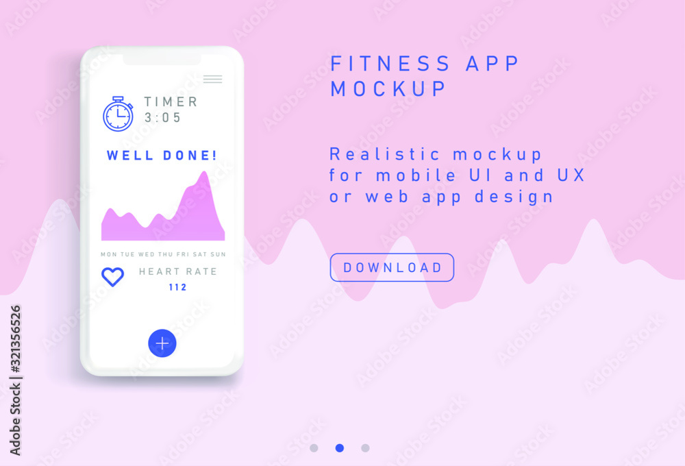 Poster ui and ux mockup for fitness of other mobile app, tracker with graphs and icons.