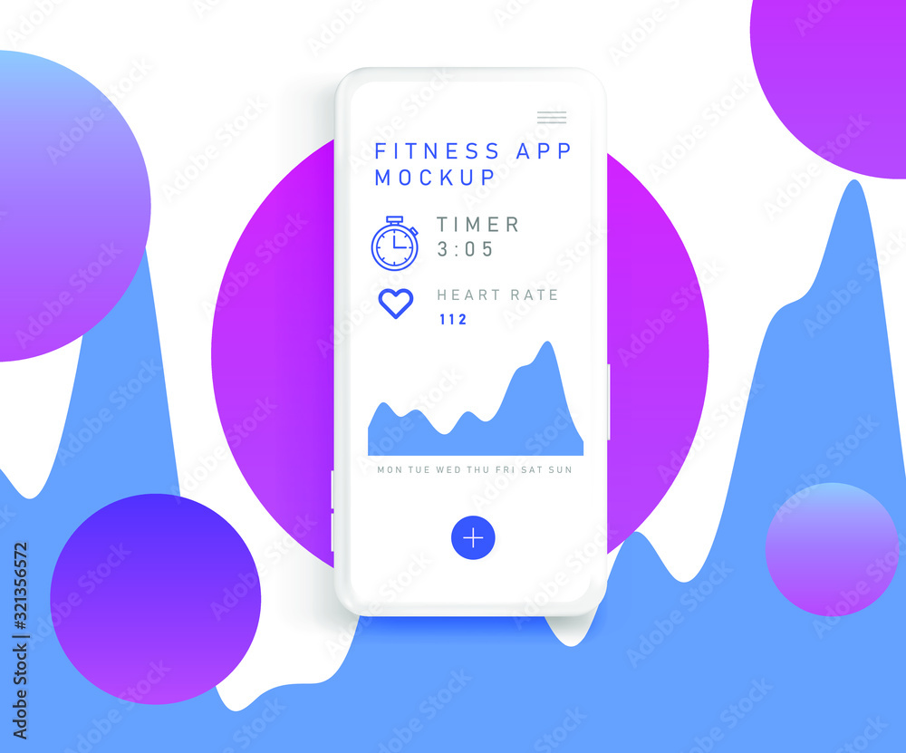Poster ui and ux mockup for fitness of other mobile app, tracker with graphs and icons.
