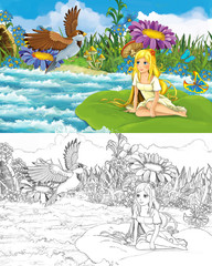 Obraz na płótnie Canvas cartoon beautiful girl in the stream wild bird with sketch illustration