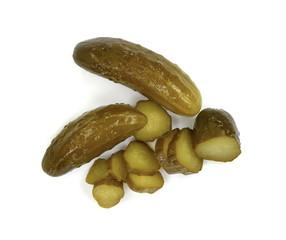 pickled or marinated cucumbers isolated on white background. Fresh sliced green pickles. 