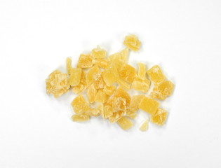 Dried dehydrated pineapple. Candied pineapple fruit isolated on white.