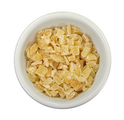 Dried dehydrated pineapple. Candied pineapple isolated on white.