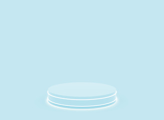 3d blue neon light cylinder podium minimal studio blue bright background. Abstract 3d geometric shape object illustration render. Display for technology product.