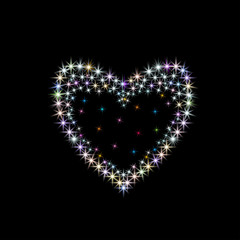 Stylized magical heart on black. Decorative element made of colorful highlights and rays.