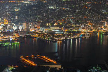 Nagasaki city light up at night. Panorama nightscape from Mt Inasa observation platform deck. Famous beauty scenic spot in the world, the 10 ten million dollar night views. Nagasaki Prefecture, Japan