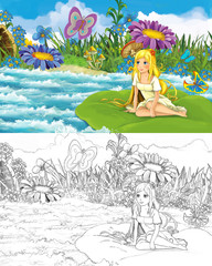 Obraz na płótnie Canvas cartoon beautiful girl in the stream wild bird with sketch illustration