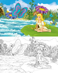 Obraz na płótnie Canvas cartoon beautiful girl in the stream wild bird with sketch illustration