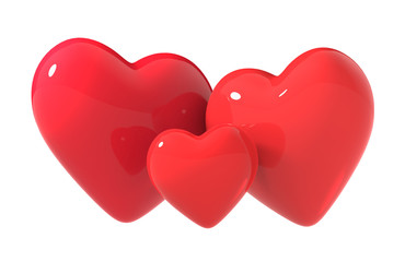 Three red heart glossy shape isolated on white background with clipping path. Object. Happy family valentine concept.