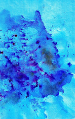 Watercolor stains, blots and stains on white paper. Different shades of turquoise and blue.
