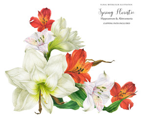 Bridal corsage bouquet with red and white lily flowers, realistic watercolor illustration with clipping path