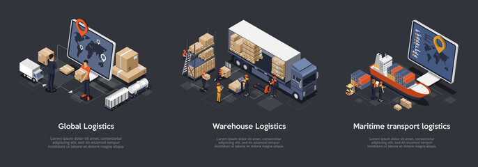 Isometric Set Of Global Logistics, Warehouse Logistics, Maritime Transport Logistics. On Time Delivery Designed To Sort and Carry Large Numbers Of Cargo. Vector Illustration - 321361594