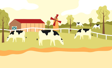 Herd Of Cows Is Grazing On The Green Meadow at The Farm. Cartoon Flat Style. Vector Illustration