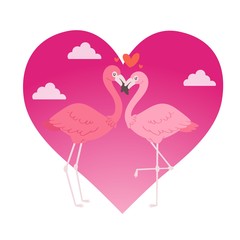 Flamingo couple in love cartoon animal lovers characters on loving date on Valentines day, kissing loved bird vector illustration in heart. Flamingo couple love card.