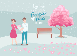 Valentine s Day romantic beloved couple, cartoon people characters boy with heart and flowers and a girl lovers vector illustration. Valentines day of love background with pink blossom tree.