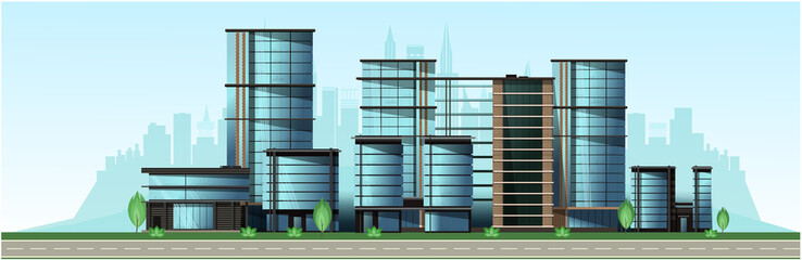 City in the afternoon. High-rise glass houses, residential buildings, cafes, school. Vector.