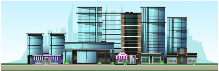 City in the afternoon. High-rise glass houses, residential buildings, cafes, school. Vector. - 321361907
