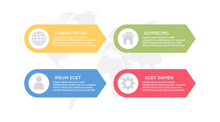 Set of blue and red, orange, green elements for infographic with world map presentation slides.