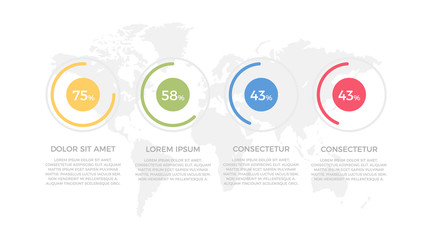 Set of orange, green, blue and red elements for infographic with world map presentation slides.