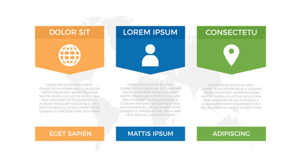 Set of orange, blue and green elements for infographic with world map presentation slides.