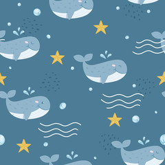 Vector seamless pattern Cute whale