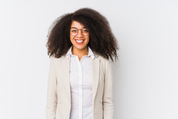 Young african american business woman happy, smiling and cheerful.