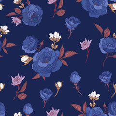 Vector floral seamless pattern with blue roses, chrysanthemums and white jasmine - 321363721
