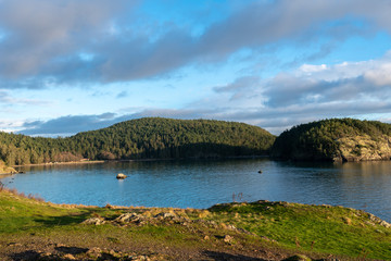 Fototapeta premium High angle landscape from grassy hill of ocean bay and distant hills at Rosario Head on Fidalgo Island in Washington