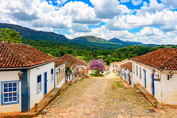 View of the historic city center of Tiradentes with its old colonial style houses and the mountains in the background