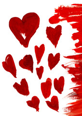 Valentine hearts red paint brush on white background. Red watercolor painting of heart shape for love concept design. Valentine`s day card heart template.