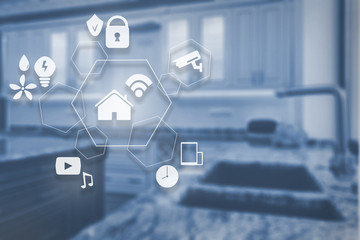 Smart home technology concept. Touch screen display of modern house control unit.