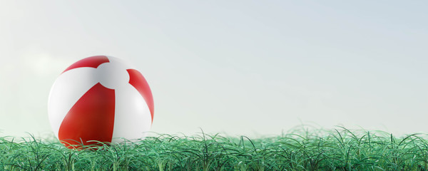 close up of a red and white ball on fresh green grass 3d render illustration with empty space for your content in front of sky background