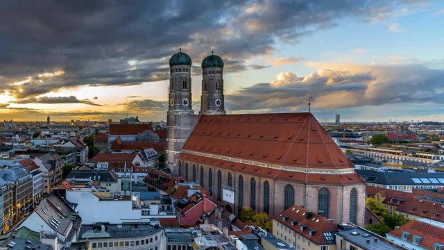 Munich frauenkirche church skyline view of old town time lapse view.