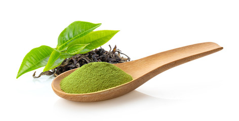 matcha green tea powder in wood spoon. fresh green tea leaf and dry  on white background