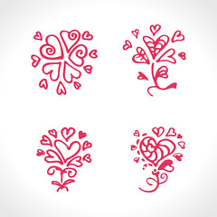 Set of four cute drawn abstract symbols consisting of hearts. Hand draw graphic vector templates.