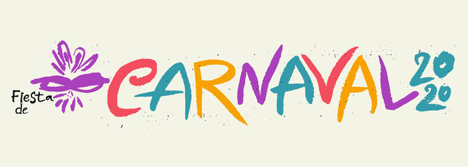 Carnaval de fiesta 2020 calligraphy horizontal banner. Vector logo. Grunge pattern with handwritten lettering and carnival mask.