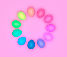 easter eggs colorful rainbow in a circle pink background 